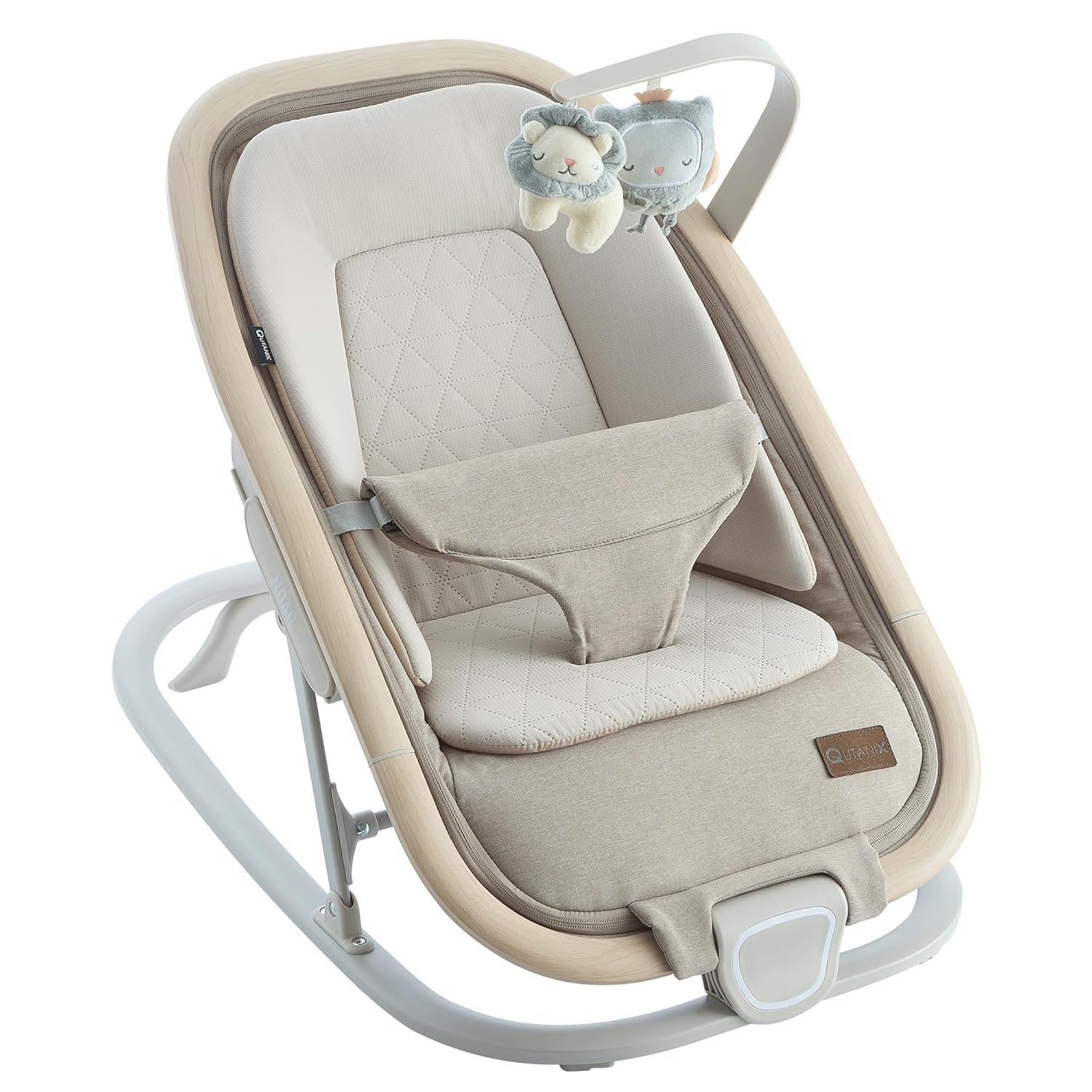 Qutanix 2-in-1 Baby Bouncer & Rocker,Portable Baby Bouncer Seat for Babies 0-9 Months, Baby Rocking Chair with 3 Reclining Positions,Wood Accents,Soft Newborn Insert – Beige