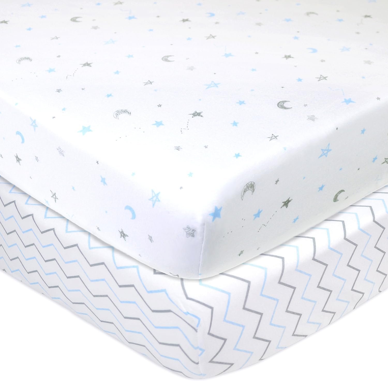 American Baby Company 2 Pack 100% Natural Cotton Fitted Crib Sheets 52″ x 28″ – Soft, Breathable, Hypoallergenic & Gentle Toddler Bed Sheets, Blue Star/Blue Zigzag, Neutral for Boys & Girls