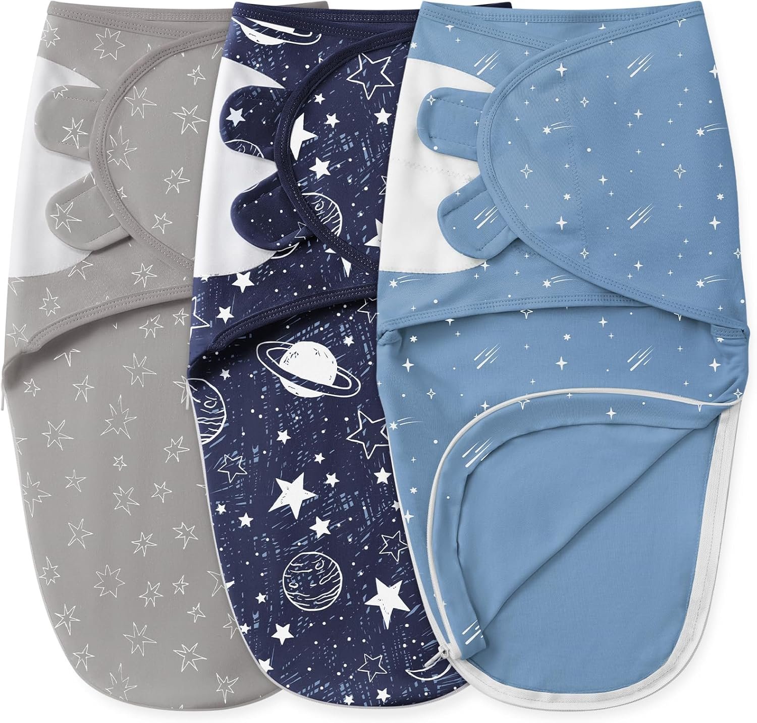 Unnivoll Baby Swaddles for Newborns with Zipper, 100% Cotton Newborn Swaddle Sack, 3 Pack Baby Swaddles 0-3 Months Swaddle Sleep Sack for Newborn Baby Boy Girl Blue Planet