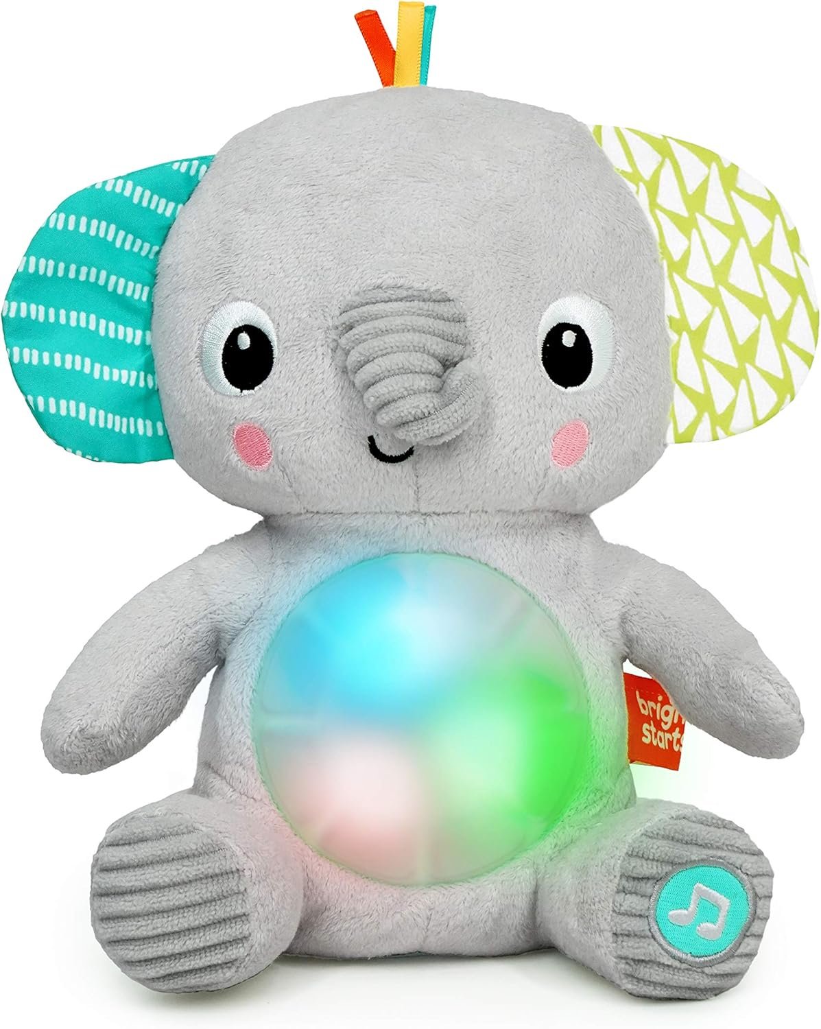 Bright Starts Hug-a-Bye Baby Elephant Stuffed Animal Musical Toy, Soft Toy Soother Plays Songs & Lights up, Newborn and up