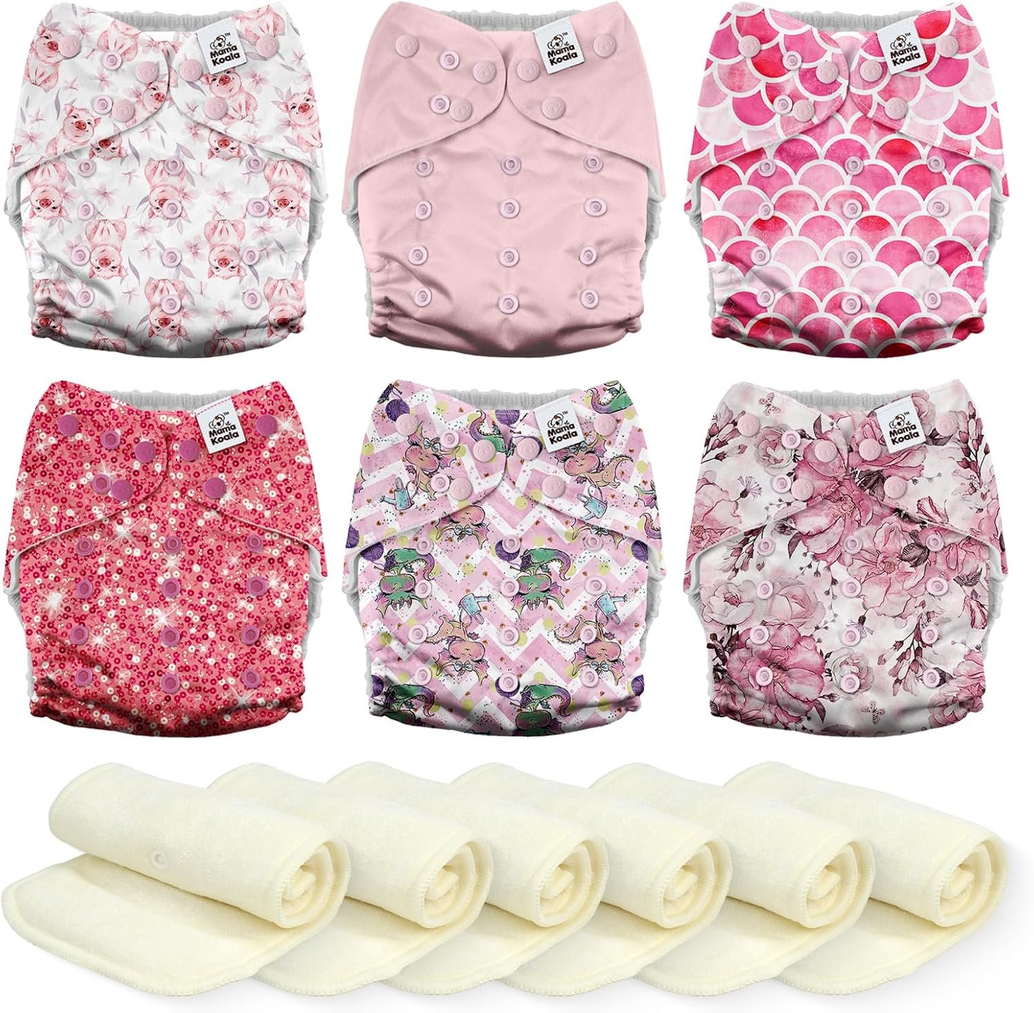 Mama Koala 3.0 Cloth Diapers for Babies, 6 Pack One Size Washable and Reusable Pocket Diapers for Newborns and Toddlers (Lovely Pink)