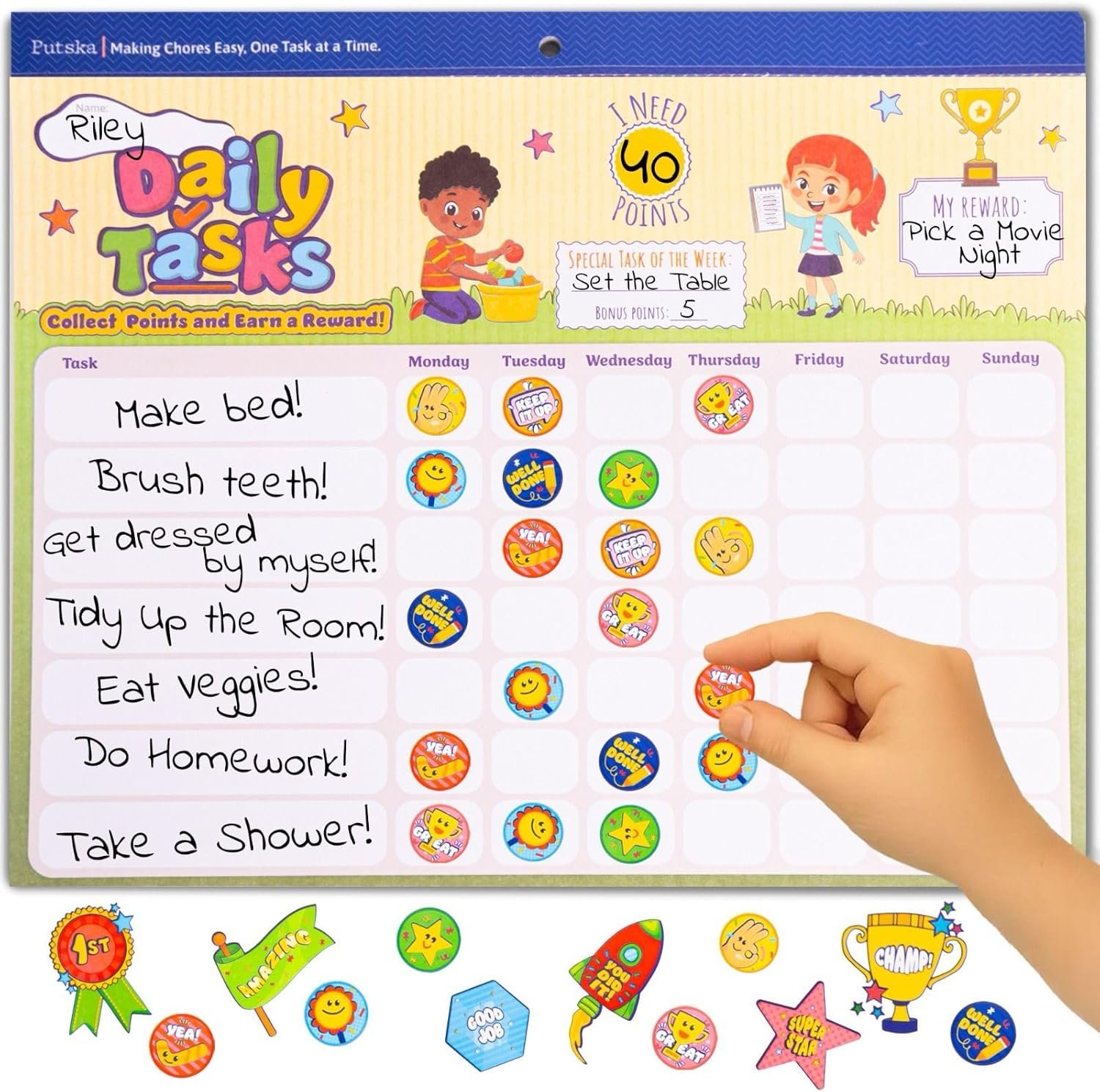 PUTSKA Potty Training & Reward Chart for Kids – 26 Toddler Charts & 1,528 Stickers – Potty Chart, Sticker Chart, Daily Routine, Chore & Behavior Tracker System (Potty Task Tracker)