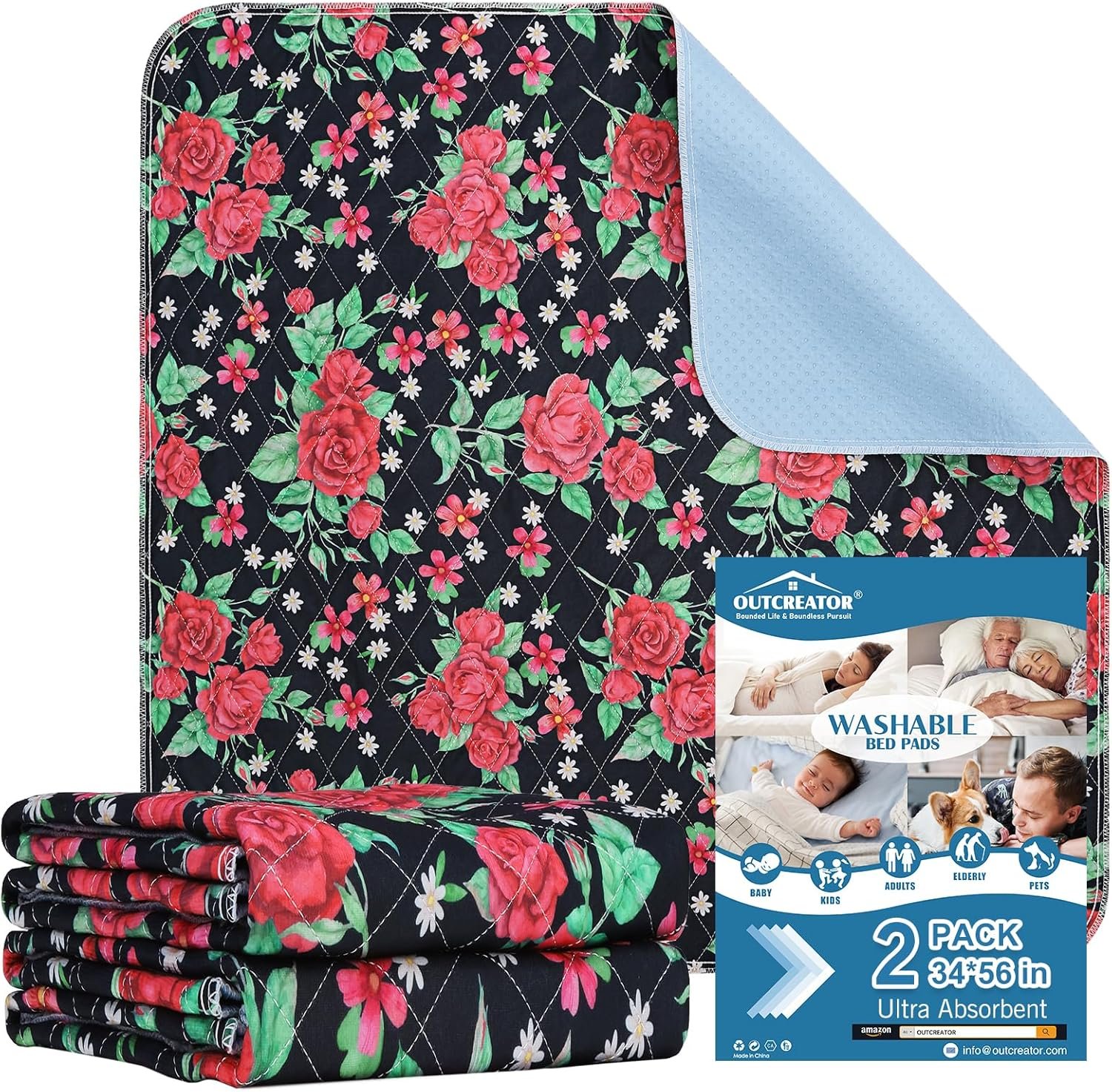 OUTCREATOR® Washable Bed Pads 56″ x 34″ (Pack of 2), Incontinence Mattress Protector, Anti-Slip Waterproof Underpads for Adults Kids Elderly Pets, Absorbency & Reusable Bedwetting Pads (Red Flower)