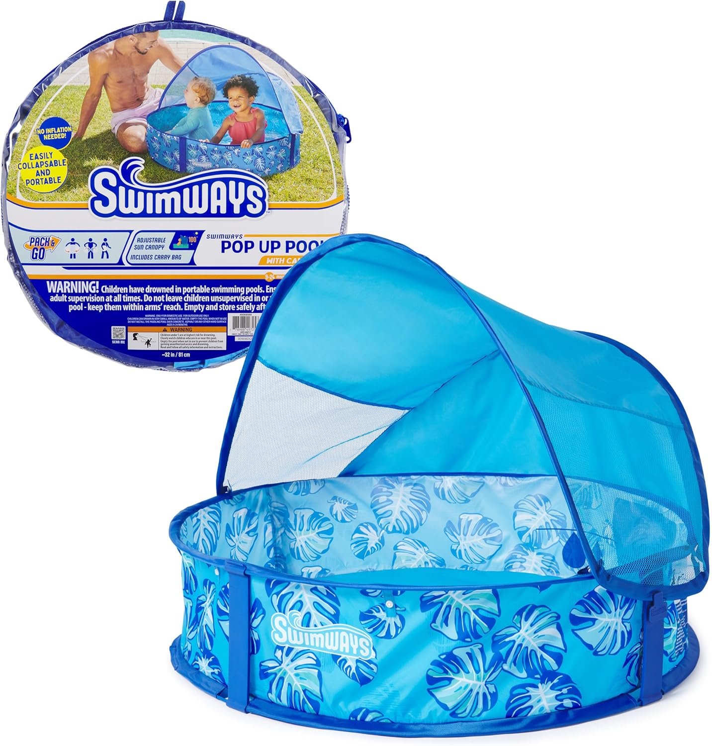 Swimways Elite Pop-Up Above Ground Pool, Baby Pool with Canopy & Carrying Case, Foldable Kiddie Pool for Ages 9-24 Months, Measures 32″, Blue