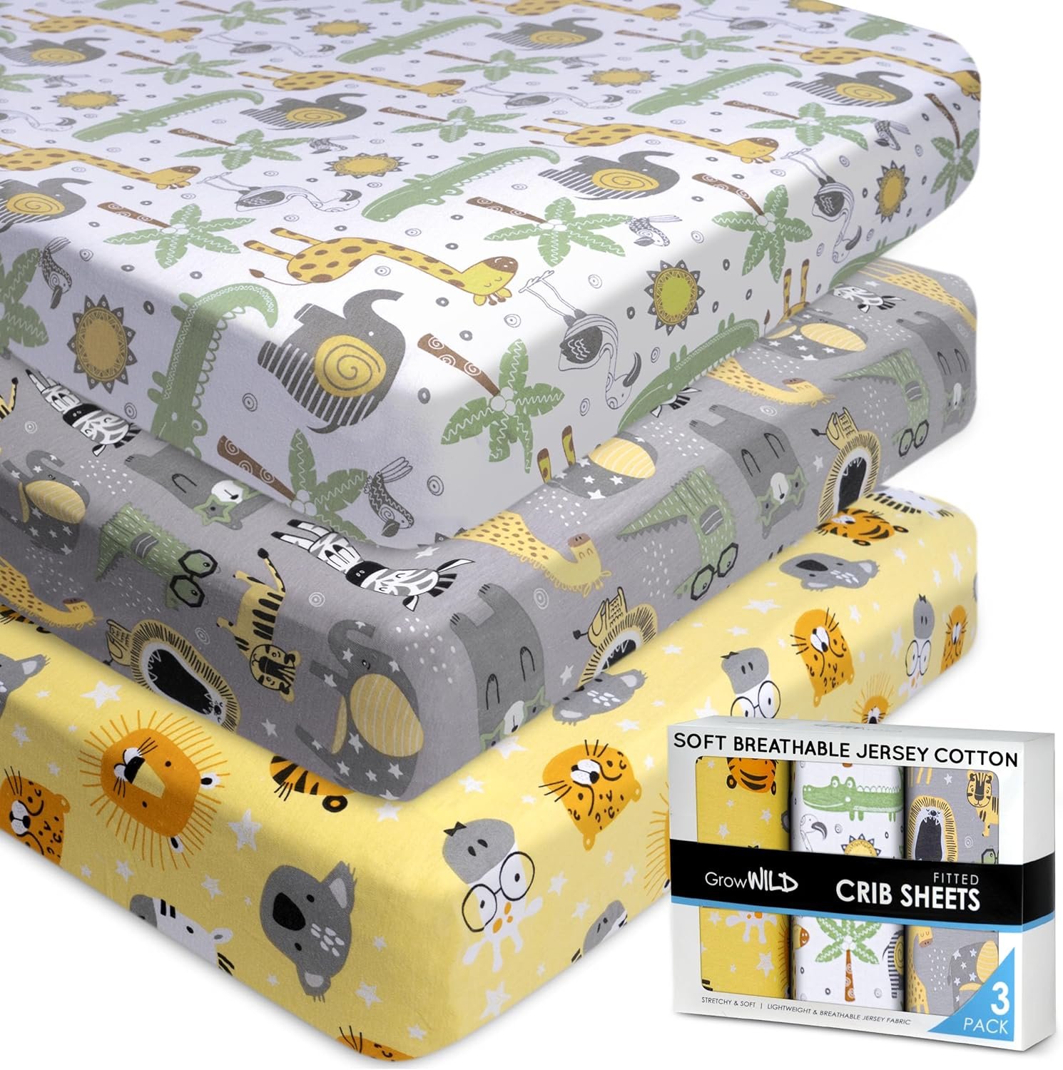 Fitted Nautical Crib Sheets (3 Pack) by GROW WILD – Jersey Knit Cotton Crib Sheet for Boys, Toddler Bed Mattress & Baby Boy Crib Bedding Set, 52” x 28” x 9” Crib Sheets (Safari Animals)