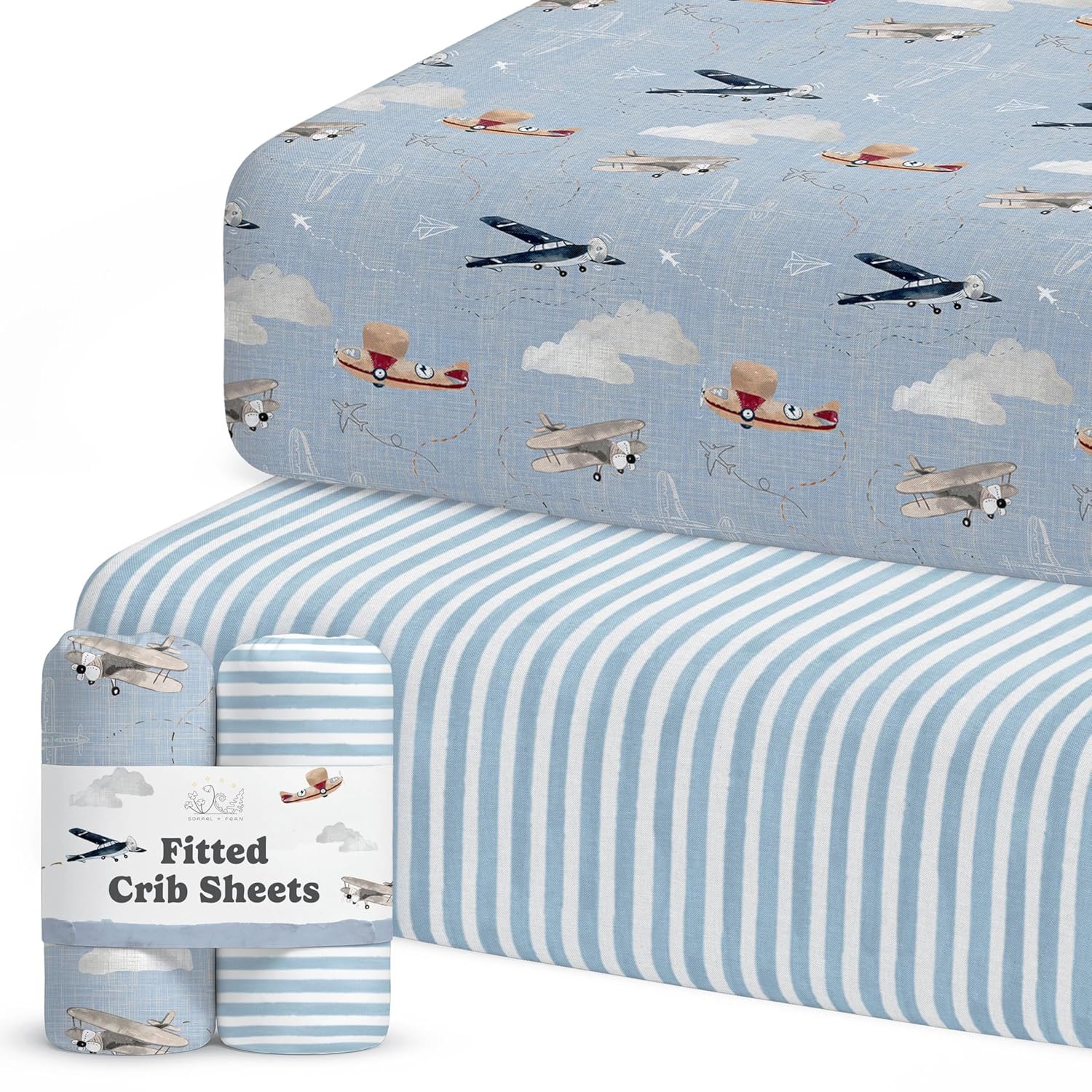 Crib Sheets Neutral – Fitted Baby Crib Sheets Bed for Girl Boy – 2 Pack Standard & Toddler Mattress – Buttery Soft Organic Cotton Blend (Airplanes in the Clouds)