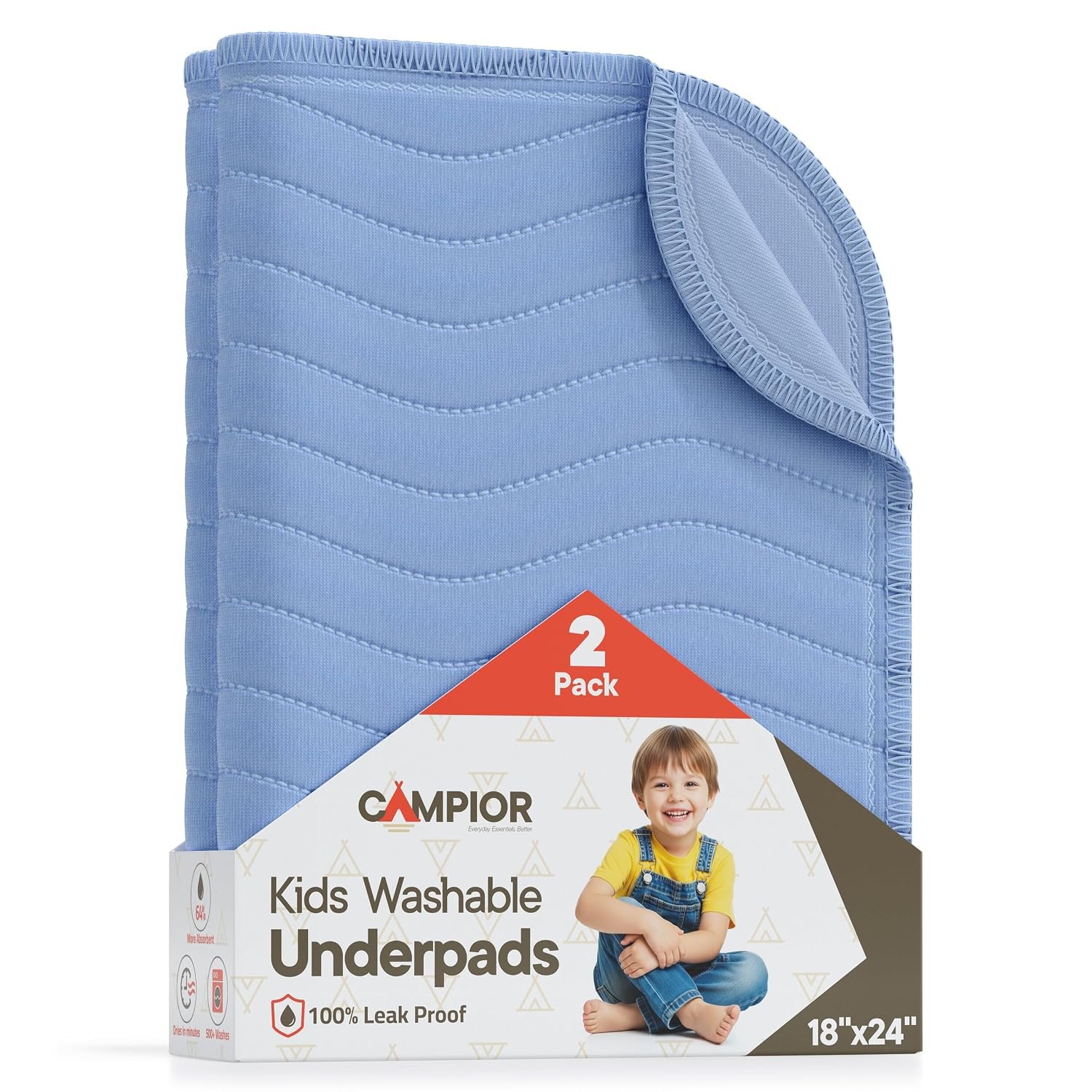 Washable Underpads Medium 18″ x 24″ (Pack of 2) – Reusable Waterproof Bed Pad for Babies and Kids Extra Heavy Absorbent Bedwetting Protection Soft Machine Washable, Blue