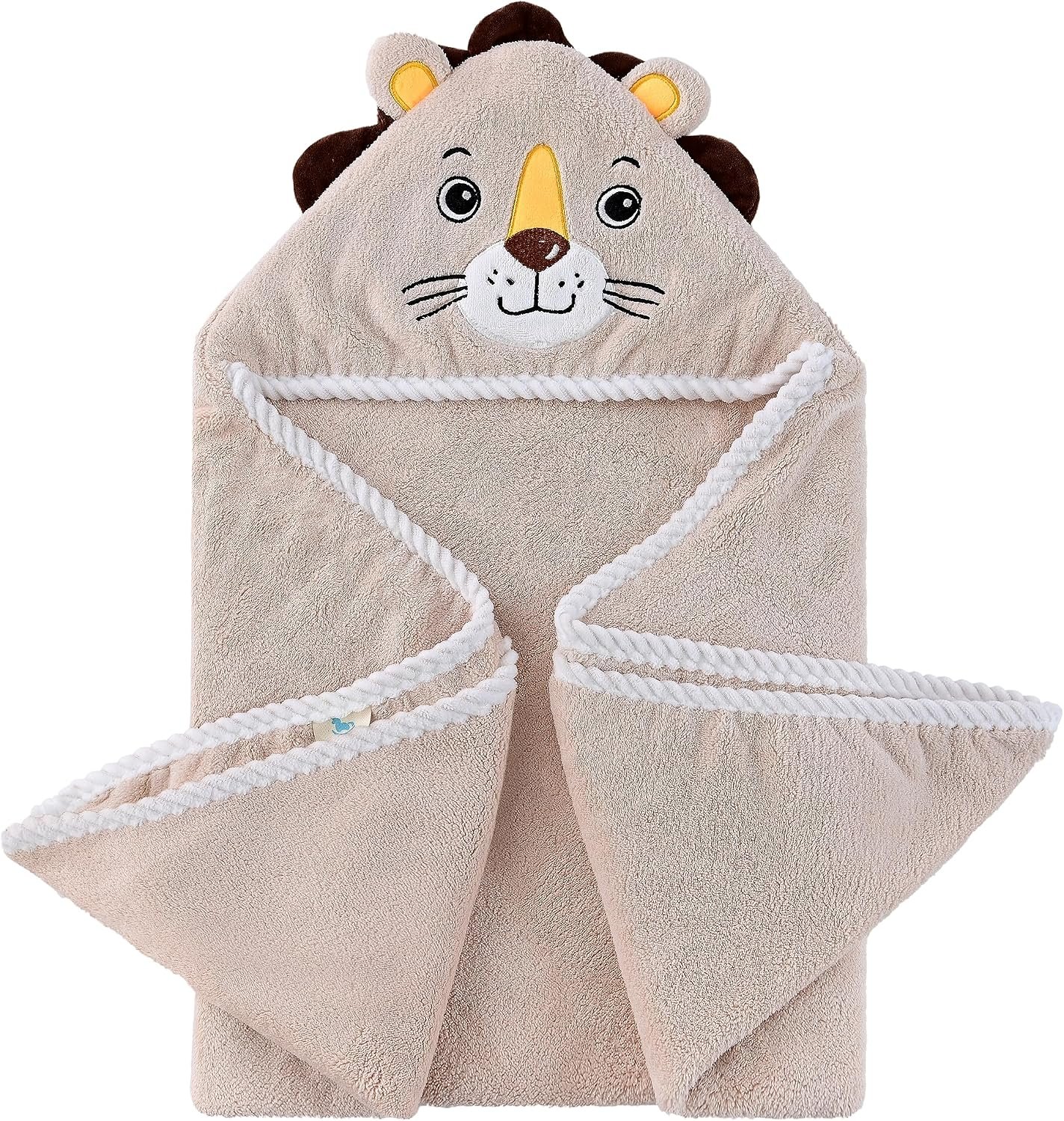 Jay & Ava Plush Coral Fleece 31.5″x 31.5″ Hooded Baby Towels – Ultra Soft, Super Absorbent – 3D Animal Design Baby Towels with Hood for Baby Toddler, Boys and Girls – (Brown Lion)