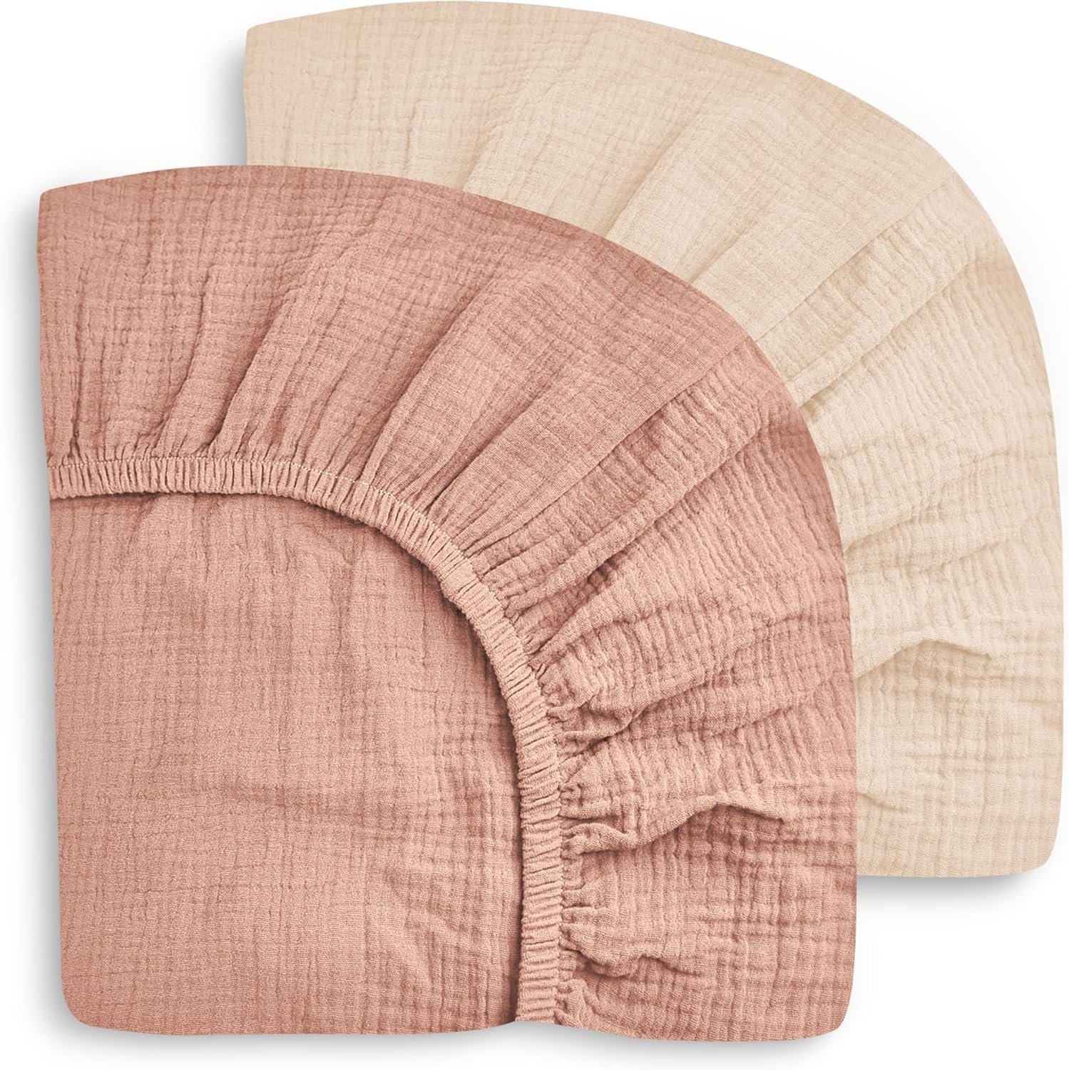 SWEET DOLPHIN 2-Pack Muslin Crib Sheets for Boys & Girls, Ultra Soft Breathable 40S Long-Staple Cotton Fitted Baby Sheets for Standard Crib Mattress 52″x28″, Light Bean Paste- Nursery Essentials
