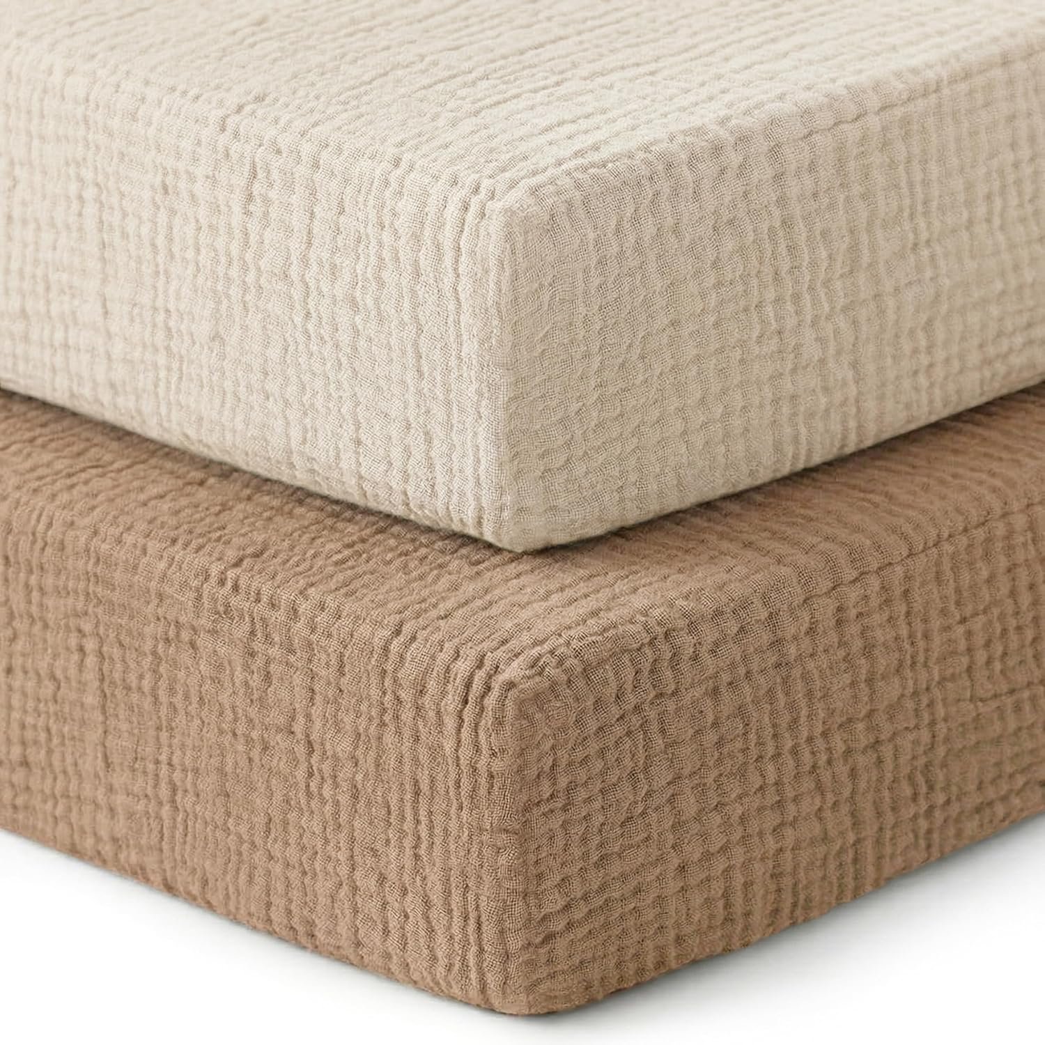 Pro Goleem Muslin Crib Sheets, 100% Cotton Crib Sheets for Boy Girl, 2 Pack Breathable Soft Neutral Baby Bed Sheets Set, Fits Standard Crib Mattress & Toddler Mattress 52″x28″, (Brown＆Beige)