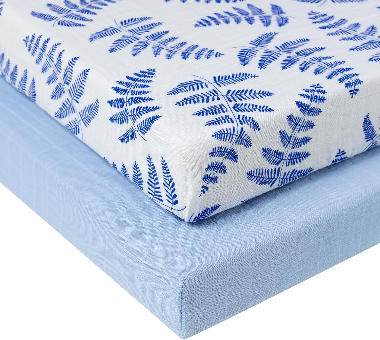 Margaux & May Organic Muslin Crib Sheet 2-Pack – 100% Organic Cotton, Fitted Crib Mattress Sheet, Soft & Breathable, Standard 28” x 52” Baby Crib Sheet, Blue Fern and Classic Blue Print