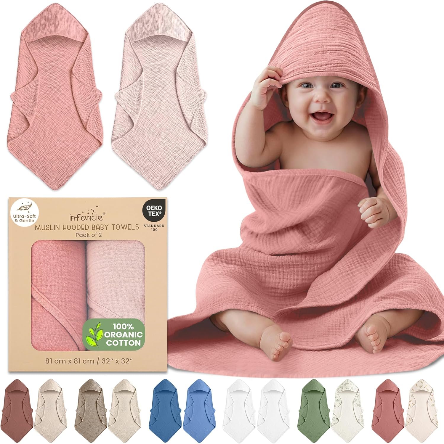 100% Organic Cotton Muslin Baby Hooded Towels 32×32 Inch – 2 Pack Soft & Absorbent Baby Towels for Newborn for Boys & Girls, Premium Hooded Towels, Ultra-Gentle Baby Essentials in Rose/Peach