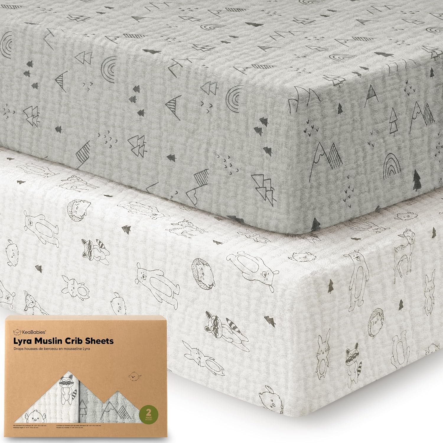 KeaBabies 2-Pack Muslin Crib Sheets for Boys, Girls – 100% Organic Cotton Fitted Baby Crib Mattress Sheet, Soft Breathable Standard Toddler Bed Cover Bedding Set, Neutral, Durable 52×28 (Woodland)