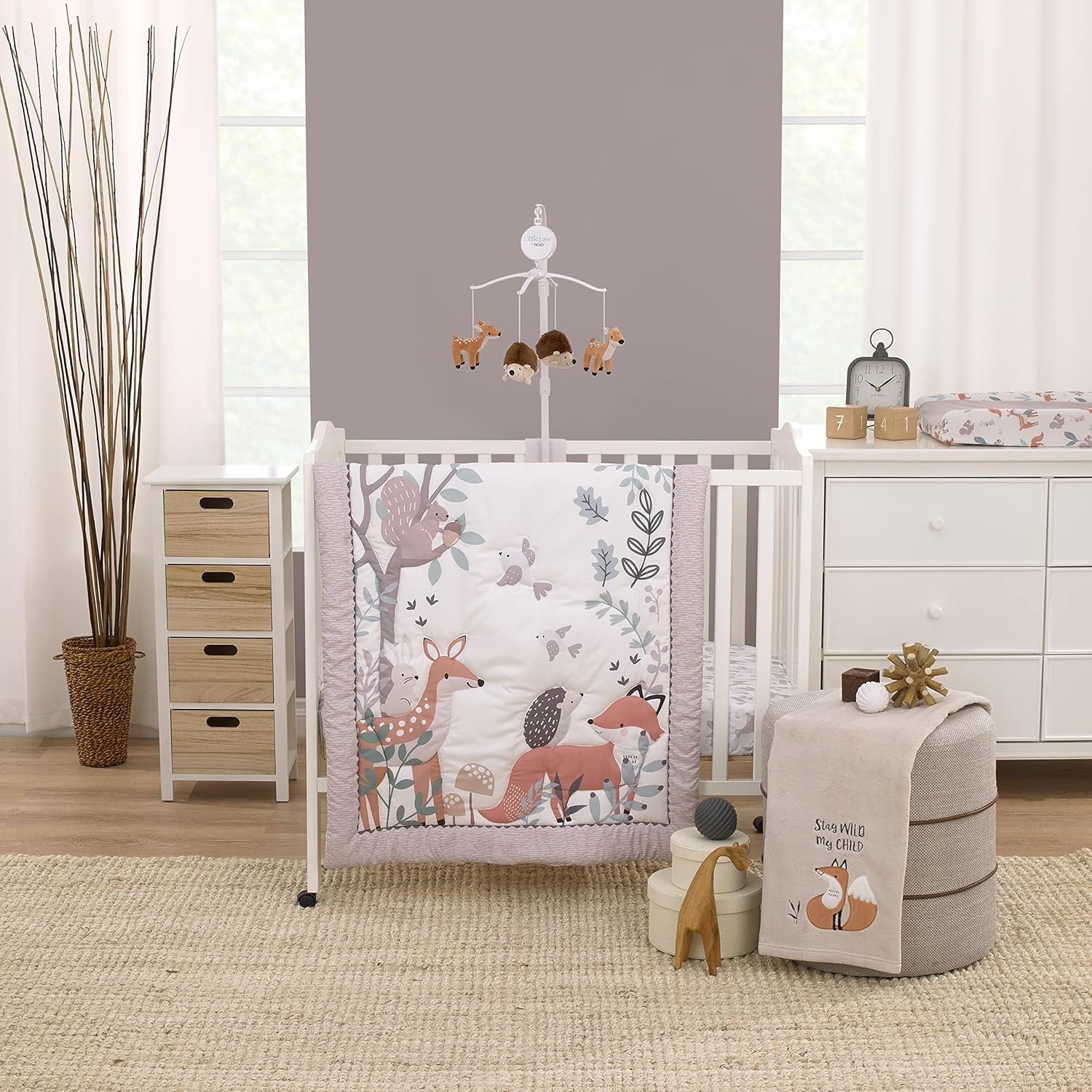 NoJo Little Love Woodland Meadow Taupe, Sage and White, Fox, Deer, and Hedgehog 3 Piece Nursery Mini Crib Bedding Set – Mini Comforter, and Two Fitted Mini Crib Sheets