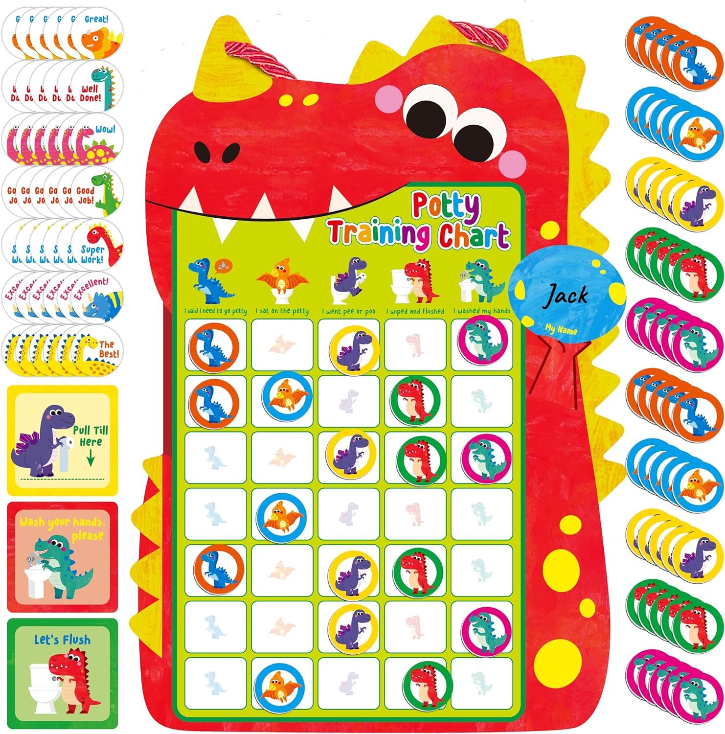 Magnetic Potty Training Chart, Dinosaur Reward Potty Training Chart with 50 Reusable Dinosaur Magnets Plus 45 Stickers and a Storage Bag, Perfect for Boys & Girls, Multiple Toddlers (14.2” X 10”)