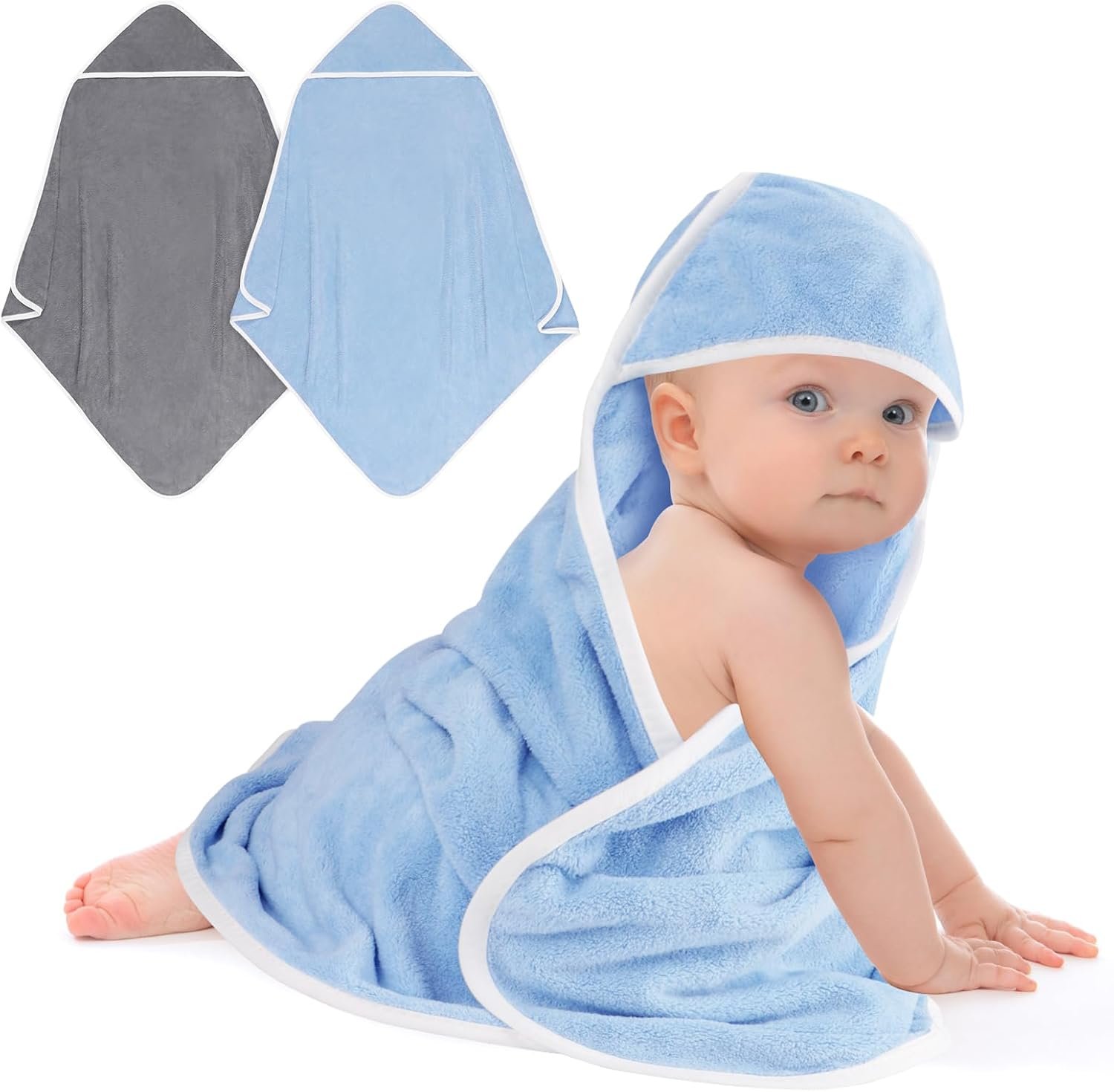 UNIMADE Hooded Towel for Newborn, 2 Pack Soft Coral Fleece Baby Towels, Ultra Absorbent Bath Cloths Bulk for Infants, Toddlers, Newborn Essential- 30 x 30 inch – Grey & Blue