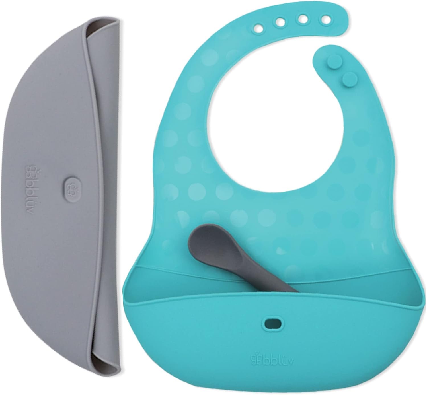 bblüv Pöket Silicone Toddler Baby Bibs for Eating – Soft Adjustable Waterproof Travel Feeding Bibs with Food Catcher & Spoon