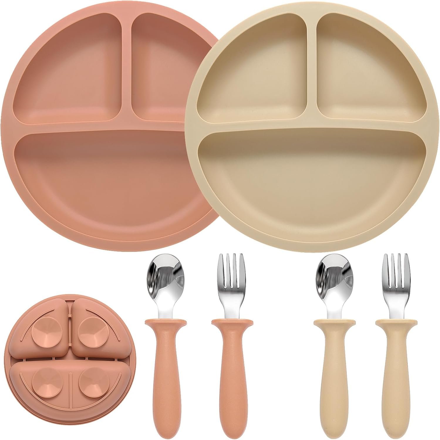 Eascrozn Silicone Baby Feeding Set, 2 Pack Divided Suction Plates for Baby, 2 Pack Spoons and Forks Set Baby Eating Essentials, Feeding Supplies for Toddler Utensils, BPA Free