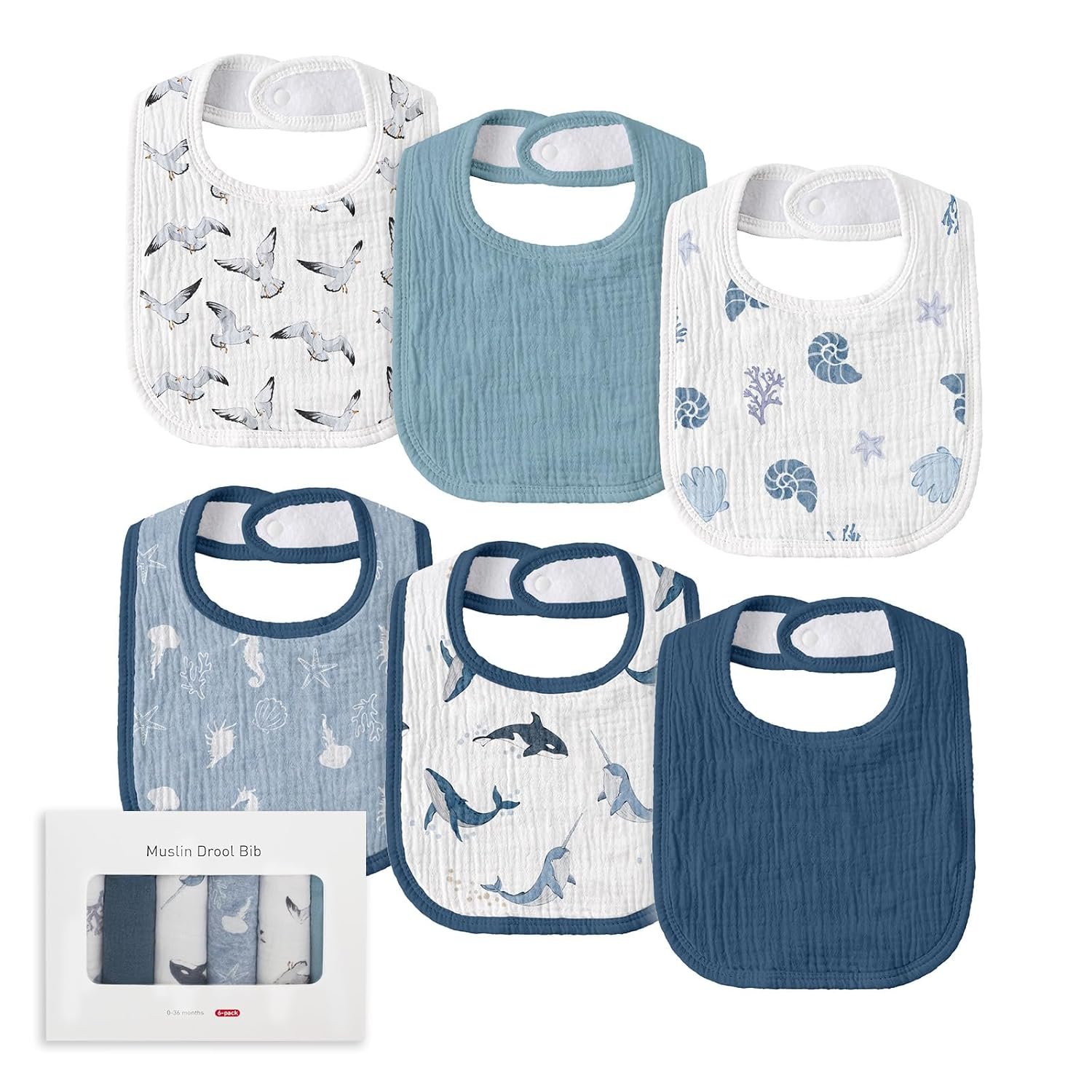 Muslin Baby Drool Bibs for Unisex Boys Girls, 6 Pack Soft Cotton Baby Bib for Teething Drooling, Essentials Shower Gift (6, Blue)