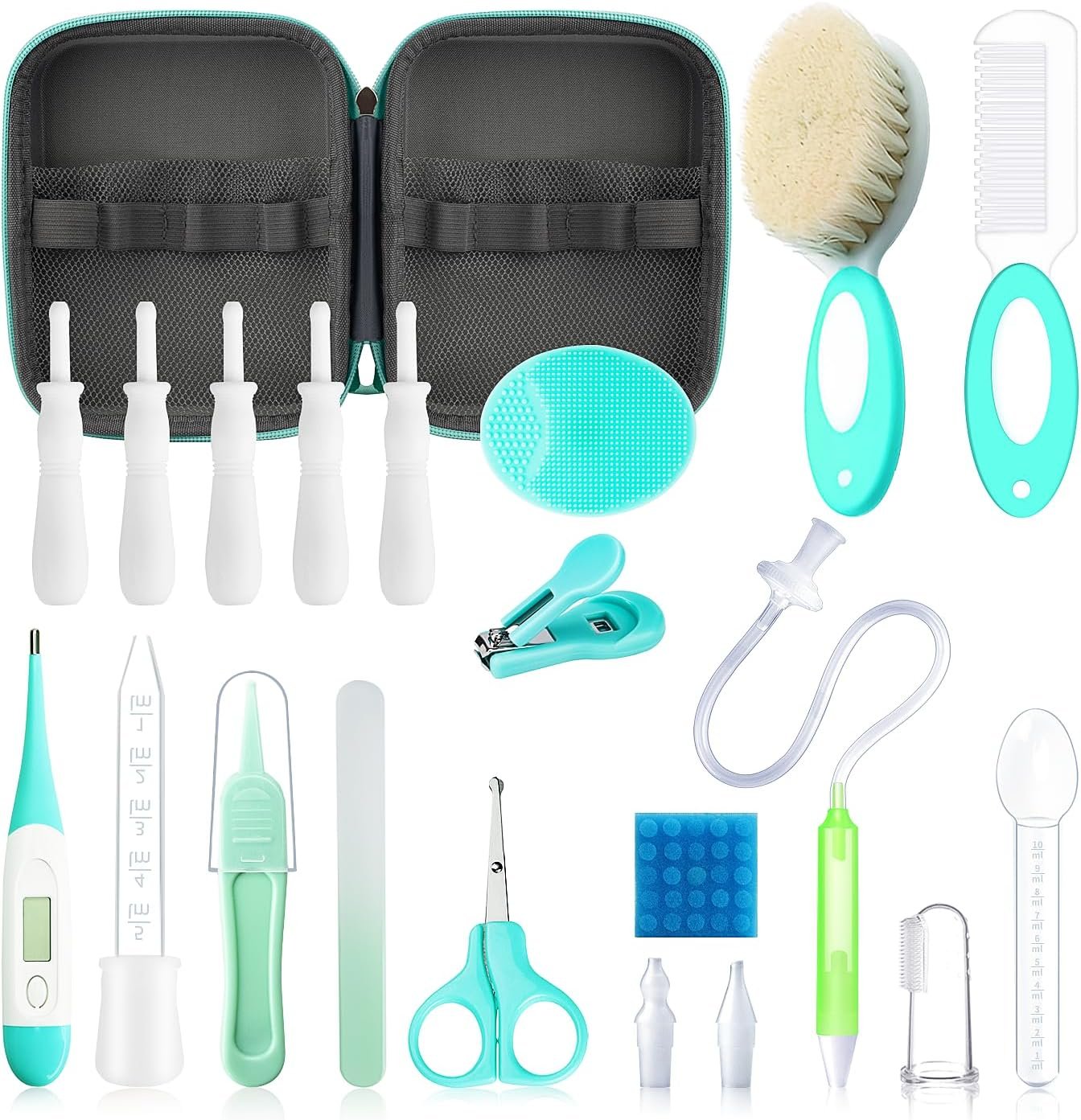 23 in 1 Baby Healthcare and Grooming Kit, Infant Safety Care Set Baby Nursery Kit with Gas Colic Passer Nasal Aspirator Nail Clipper Hair Brush Comb for Newborn Girls Boys (Green))