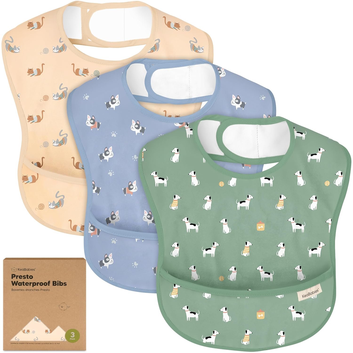 KeaBabies 3-Pack Waterproof Baby Bibs for Eating, Lightweight (Pets & Paws) | Toddler Feeding Bibs with Large Food Catcher, Mess Proof, Food-Grade, Baby Eating Essentials, Easy to Put On & Clean