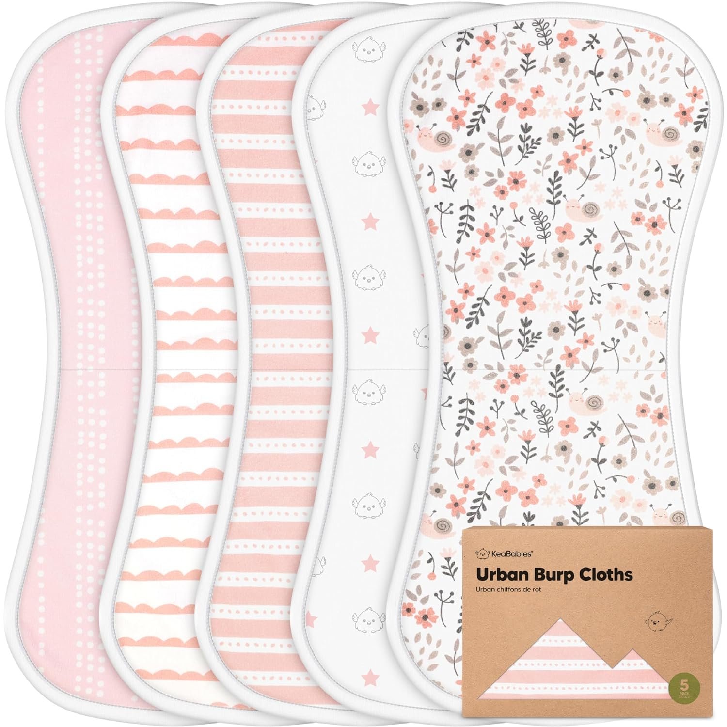 Organic Burp Cloths Baby Boy & Girl, 5-pack Cotton Burp Rags (Sweet Charm) | Super Absorbent Cotton Burping Cloths for Babies, Soft, Plush, Newborn, Infant Towels, Milk Spit Up Rags, Large 21×10