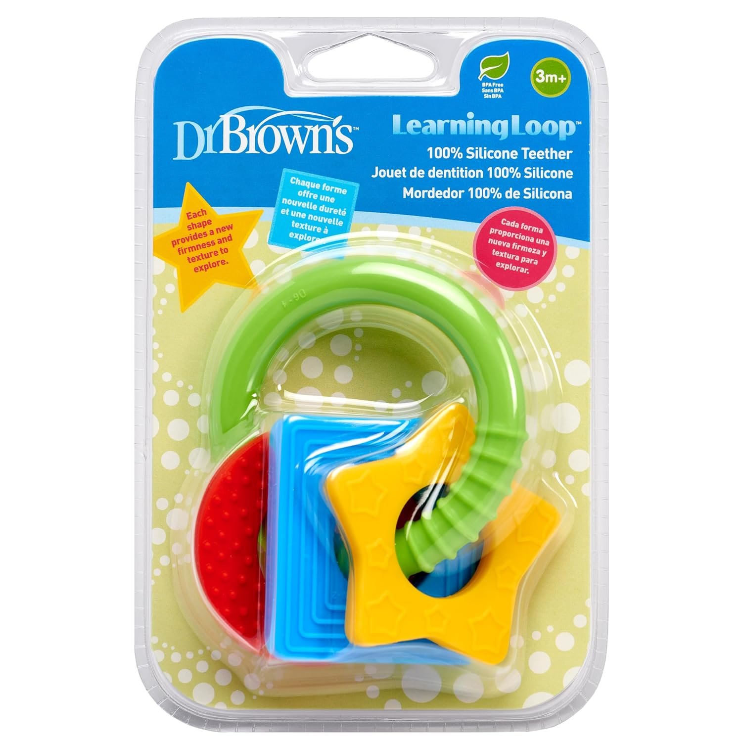 Dr. Brown’s Learning Loop Baby Teether Ring, Multiple Shapes and Textures, 100% Silicone, BPA-Free, 3m+
