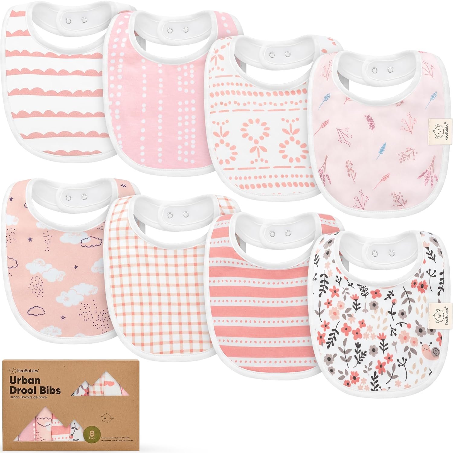 KeaBabies 8-Pack Organic Baby Bibs for Drooling and Teething (Sweet Charm) | Soft Cotton Bibs for Baby Girl, Boy, Extra Absorbent, Easy to Clean & Put On, Toddler, Newborn, Infant 0-24 Months