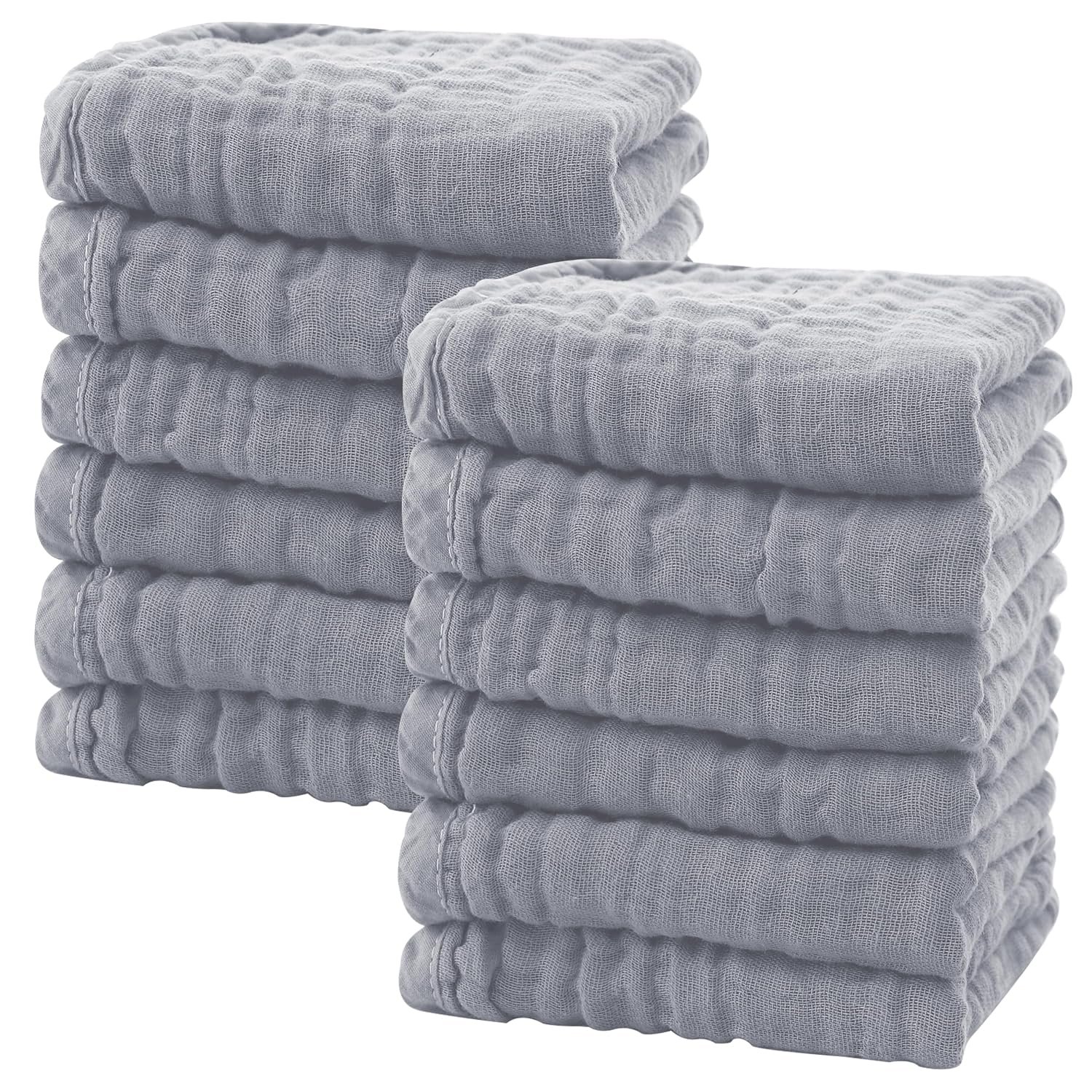 SWEET DOLPHIN 12 Pack Baby Muslin Washcloths – Soft Face Cloths for Newborn, Absorbent Bath Wash Cloths, Wipes, Burp Rag – Toddlers Essentials Stuff, Baby Registry as Shower -10″x10″, Grey